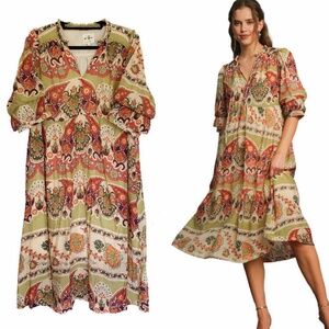UMGEE Women's Tiered Border Print Midi Dress Floral Bohemian Puff Sleeves Size L